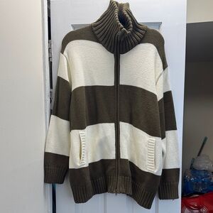 Olive and Cream Striped Zip-Up Sweater Jacket